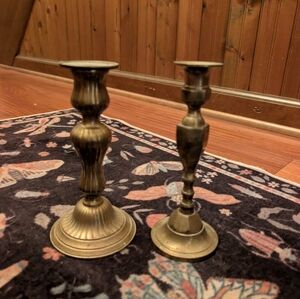 vintage mismatched brass taper candle stick holders. set of two. made in Taiwan.